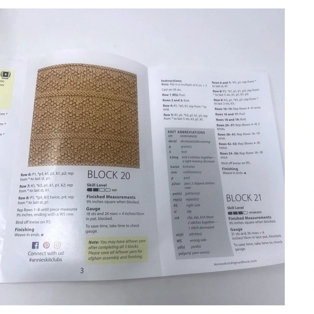 Annie's Stitch Sampler Crochet Afghan Yarn & Pattern Blocks 19-21 Opened In Pack